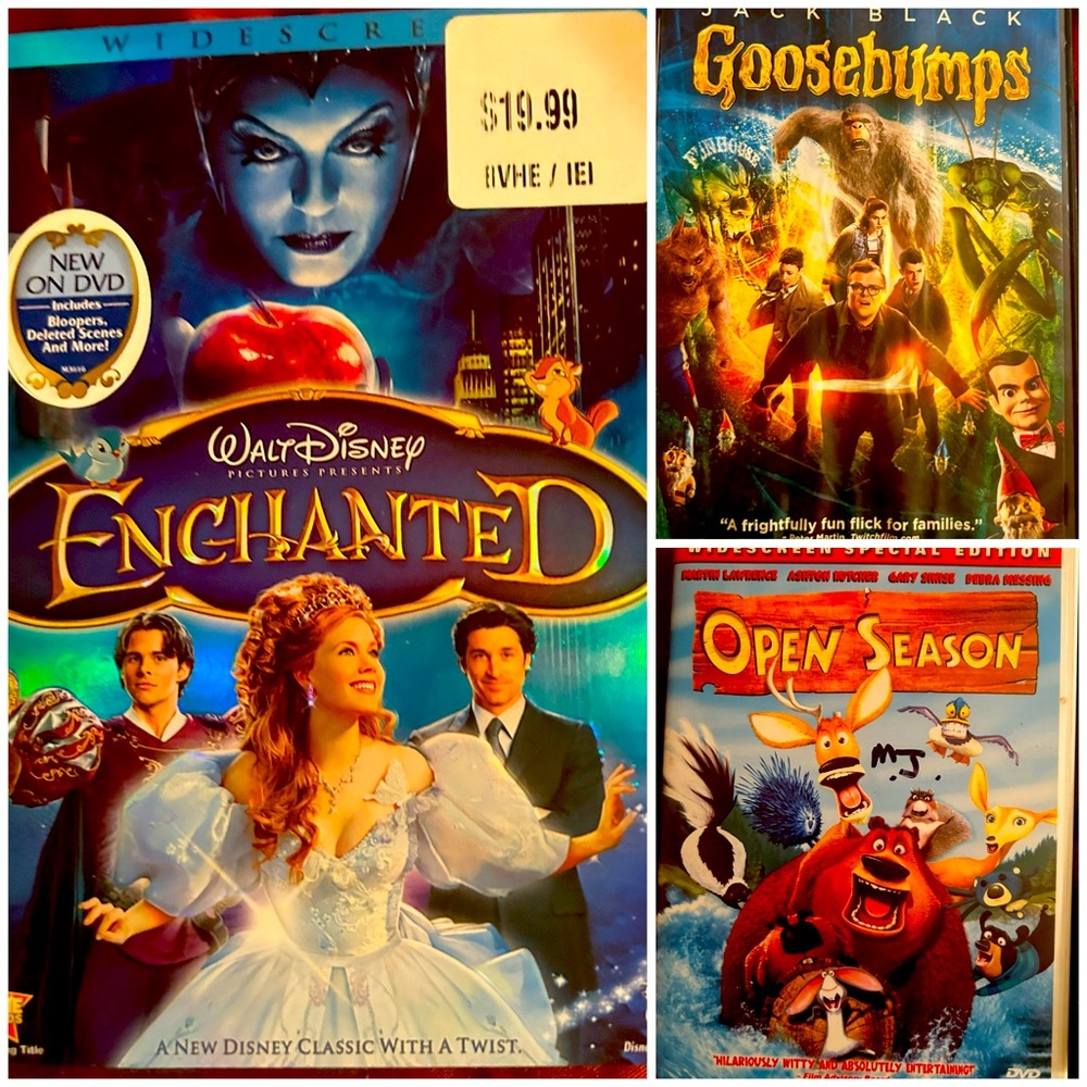 3 DVDs Enchanted, Open Season and Goosebumps